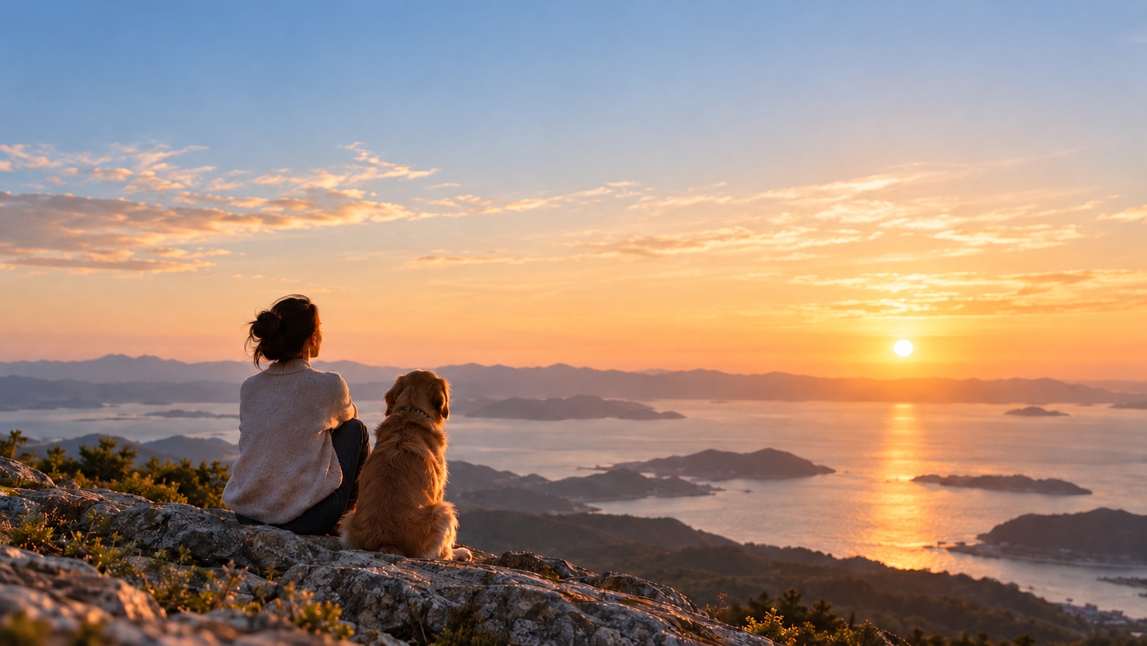 一位女性和金毛犬坐在山岩上，一同眺望大海与夕阳